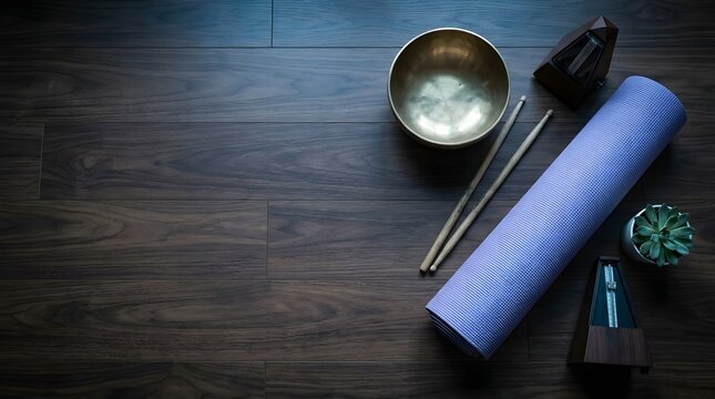 Tibetan Singing Bowl Yoga Mat and Metronomes on Dark Wood Floor