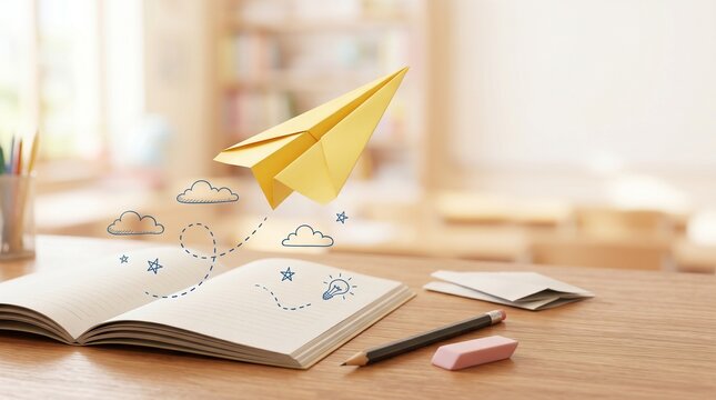 A bright yellow paper airplane soars above an open notebook with creative doodles in this whimsical back to school photo