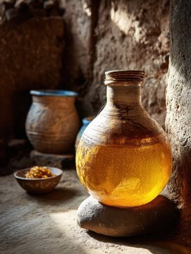 Traditional Ethiopian Tej Fermentation in Clay Jar with Honey and Water in Village Kitchen