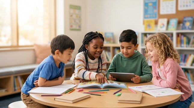 Diverse group of young students engaged in collaborative learning while using a digital tablet and books in a bright classroom