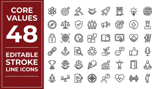 Core values icons illustrate fundamental principles and ethical standards for modern corporate identity and brand messaging.
