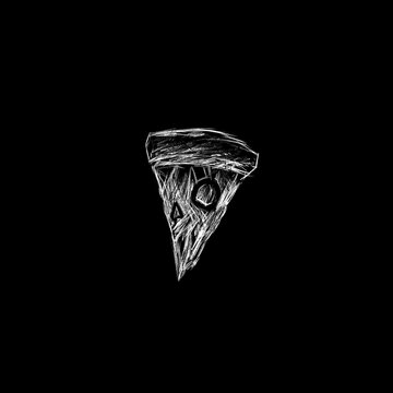 white sketchy illustration of slice of pizza on black backgraund