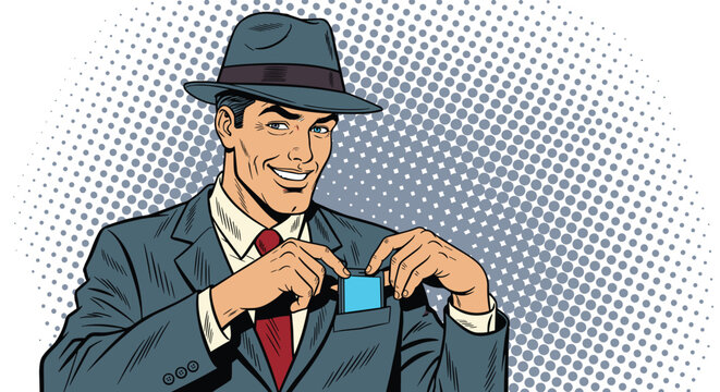 Smiling businessman in a hat and suit carefully puts his smartphone into his jacket pocket against a dotted background.