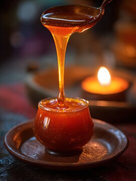 Ethiopian Tej Pour in Candlelit Ambiance Using Traditional Jebena and Honey Wax Filter