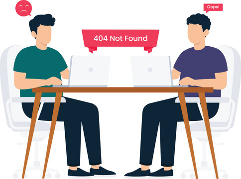 Two men facing 404 error not found web page technical problem computer screen digital failure frustrated people business meeting office workers coding issue internet connection