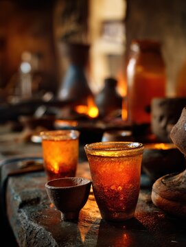 Traditional Ethiopian Tej House Bar with Clay Goblets of Amber Liquid and Warm Glow Ambiance
