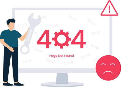 Man fixing 404 error page not found website maintenance technical support digital failure internet problem system update web development computer screen debugging process
