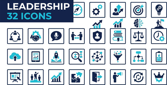 Leadership icons represent essential management concepts including teamwork, strategic planning, and professional growth in a clean graphical set.