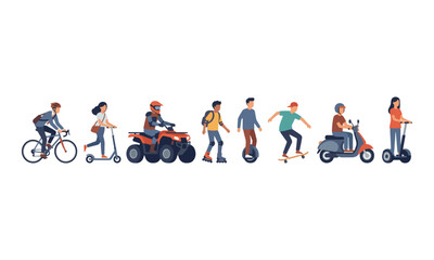 People riding personal transport vehicles set on white background © Angela