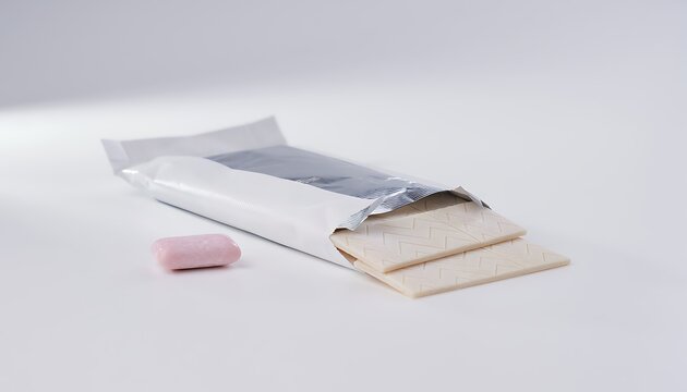 A single piece of pink bubble gum next to a partially opened white gum wrapper pack.