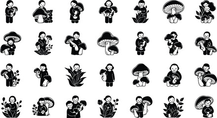Naklejka premium Black and white set of cartoon children with mushrooms and plants kids