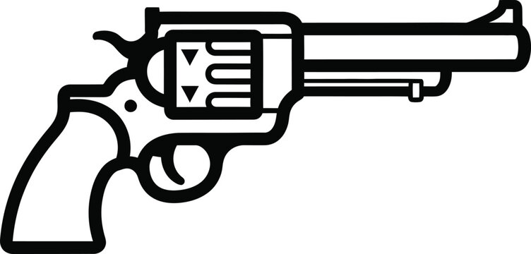 Black outline of a revolver gun on a white background, pistol firearm