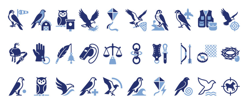 Falconry and bird activity icons featuring raptors, owls, and related hunting equipment
