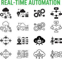 Fototapeta premium Set of modern vector icons representing real-time automation, artificial intelligence, and cloud technology systems for digital business and data management infrastructure