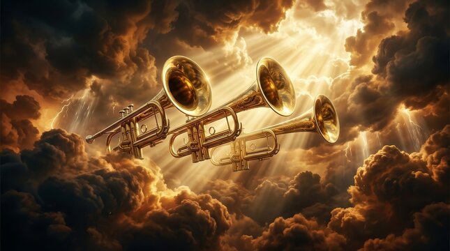 Golden trumpets sounding in the sky during doomsday and judgment day.