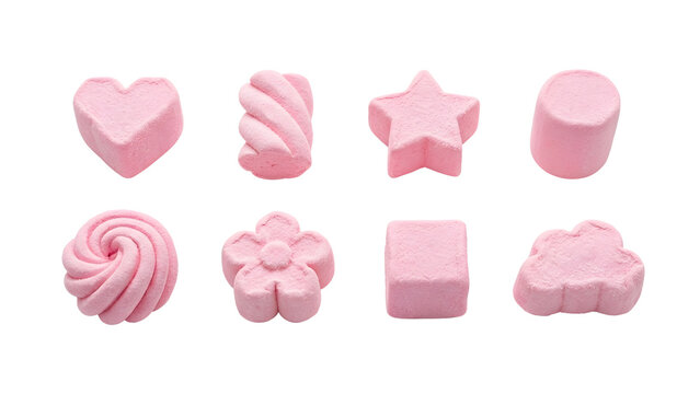 Pink marshmallow candy set including heart, twist, star, cylinder, swirl, flower, cube, and cloud shapes isolated. Sweet confectionery and dessert collection