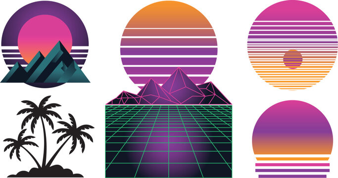 Retro sunset synthwave graphics set with palm trees digital art graphic design, mountains, and a large sun setting illustration