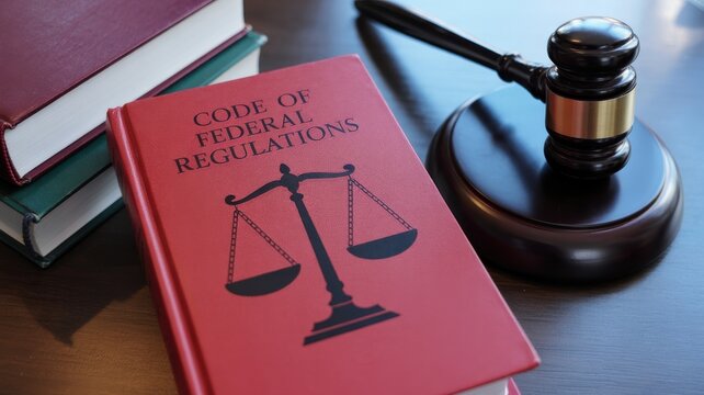 Code of Federal Regulations book with a judge's gavel on a wooden table, symbolizing law and justice.