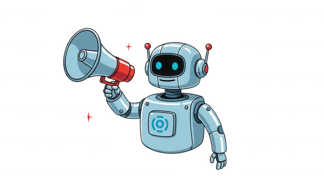 A cartoon-style light blue robot holding a red and grey megaphone, isolated on a solid black background, with small star accents