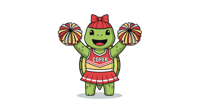 Cute cartoon turtle cheerleader mascot with pom poms.