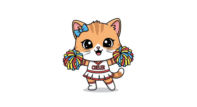 Adorable cartoon cat cheerleader with pom-poms and bow.