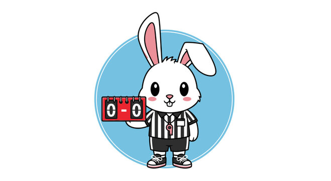 Cute Cartoon Rabbit Referee Holding Scoreboard.