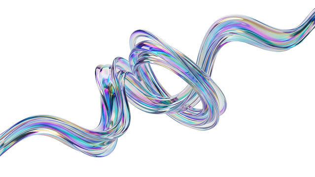 Abstract flowing glass ribbon with iridescent holographic colors on white background in 3D render style
