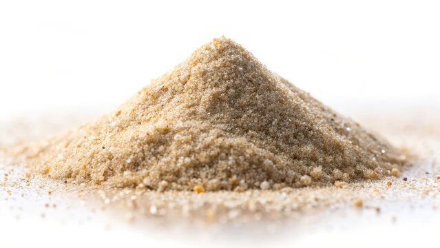 A realistic photo of A pile of sea sand lies on a white isolated background