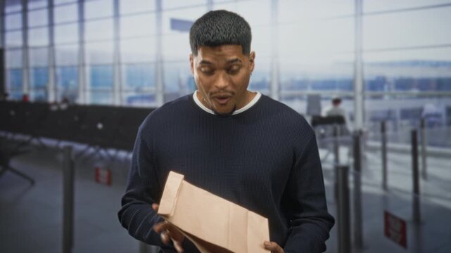 Man holding and opening a paper bag in an airport terminal, beard visible, looking down at the contents while standing by seating and gate area; surprise.