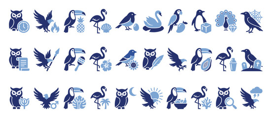 Obraz premium Twotone bird icons including owl eagle toucan flamingo and parrot with symbolic items for graphic design