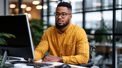 Obraz premium Black man working at computer in office