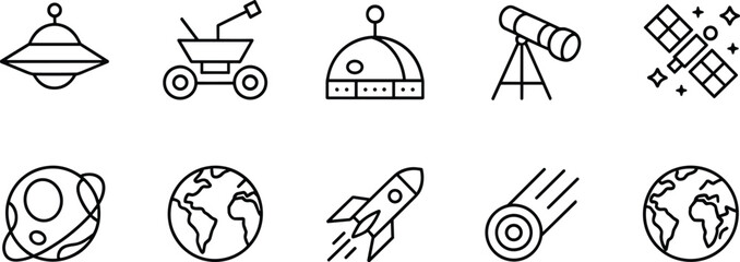 Outer space icons collection with planets rockets and satellites in clean line style for cosmic exploration © PUTUL