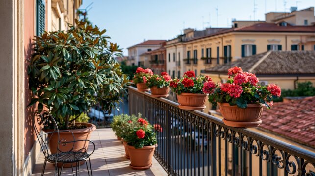 Balcony view with red geraniums overlooking italian town