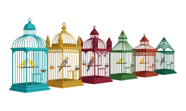 Colorful bird cages with various parrots in perspective view