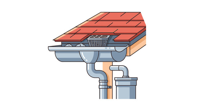 Modern House Gutter and Drainage System Illustration with Gutter Guards and Downspout on Red Shingle Roof for Home Maintenance Concepts