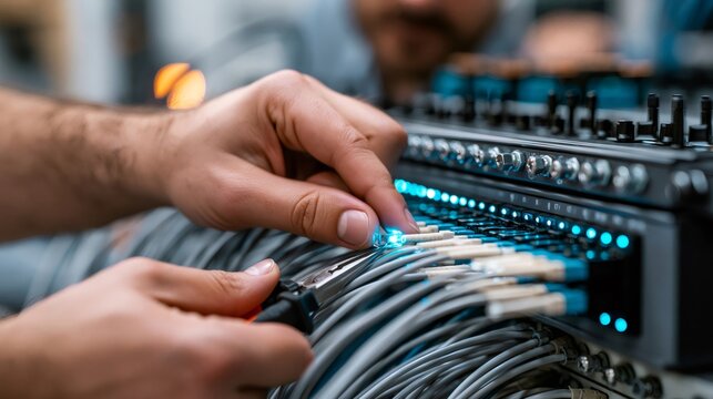 Technician working with network cables and server hardware