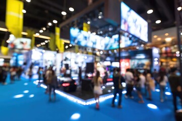 Obraz premium Blurred image of a busy indoor exhibition or trade show with people walking around displays and bright screens.