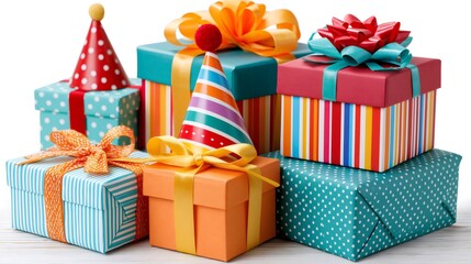 Obraz premium Colorful birthday gifts with party hats celebrating a special occasion