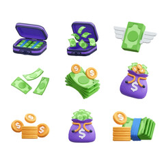 Fototapeta premium 3D Money and Finance Icon Set with Cash, Coins, and Money Bags