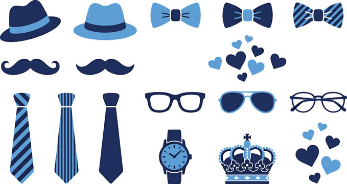 Gentleman accessories set with blue hats moustaches bow ties neckties glasses wrist watch crown and hearts vector illustration