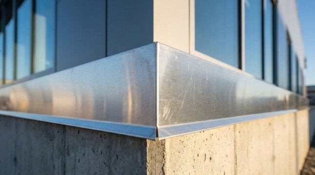 Brushed Aluminum Corner Flashing Detail on Concrete Building Exterior