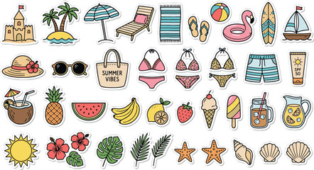 Fototapeta premium Colorful hand drawn summer vacation beach icons set with sun tropical fruits swimwear and travel holiday stickers collection vector illustration