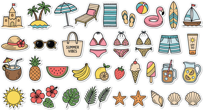 Colorful hand drawn summer vacation beach icons set with sun tropical fruits swimwear and travel holiday stickers collection vector illustration