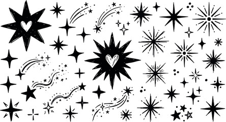 Hand drawn celestial star doodles with sparkling twinkle light effects and magic shooting stars heart icons black white vector illustration © Kanon Islam