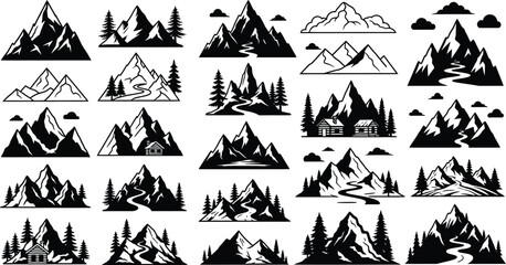 Fototapeta premium Mountain silhouette clipart set isolated on transparent background