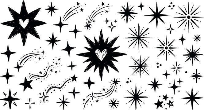Hand drawn celestial star doodles with sparkling twinkle light effects and magic shooting stars heart icons black white vector illustration