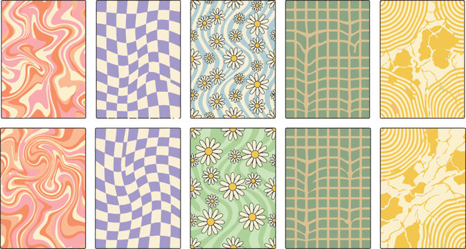 Collection of retro psychedelic groovy seamless patterns with wavy checkerboard marble textures and floral daisy elements for vintage aesthetic backgrounds vector illustration