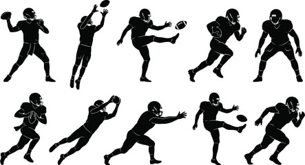 American football player silhouettes, quarterback throwing ball, kicker punting, receiver catching, running back sprinting, sports action collection, athletic competition, football game.