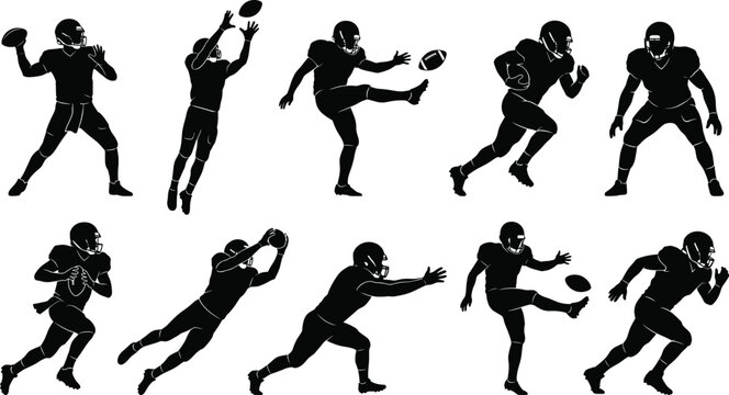 American football player silhouettes, quarterback throwing ball, kicker punting, receiver catching, running back sprinting, sports action collection, athletic competition, football game.