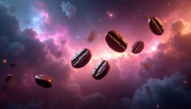 Roasted coffee beans float in a colorful nebula, evoking a cosmic aroma and energy. Dark brown seeds drift through space against a vibrant backdrop, suggesting an interstellar caffeine experience.